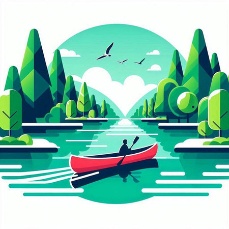 Beautiful landscape with a boat on the lake. Vector illustration.のイラスト素材