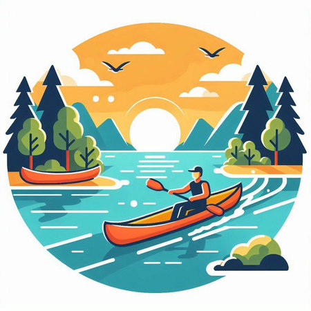 Kayaking on the lake. Vector illustration in flat cartoon style.のイラスト素材