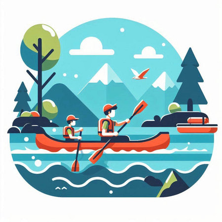 People kayaking in the river. Flat vector illustration. Canoeing and rafting concept.のイラスト素材