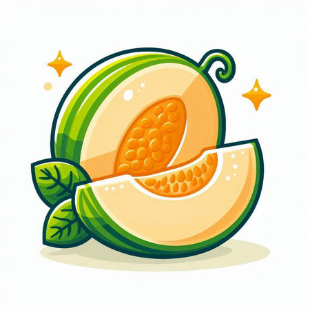Melon slice with green leaves isolated on white background. Vector illustration.のイラスト素材