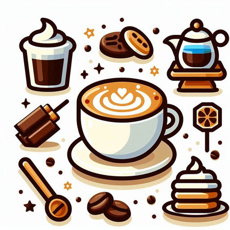 Cup of coffee and sweets icons. Vector illustration in cartoon styleのイラスト素材