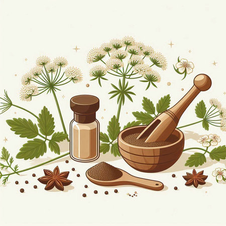 Herbs and spices with mortar and pestle. Vector illustration.のイラスト素材
