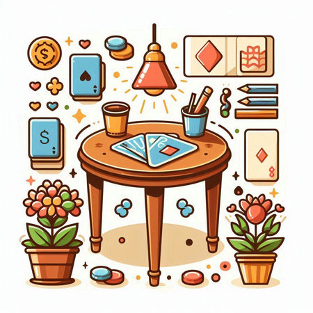 Hand drawn vector abstract cartoon graphic illustration with game elements - playing cards, dice, coffee cup and other objects on white background.のイラスト素材