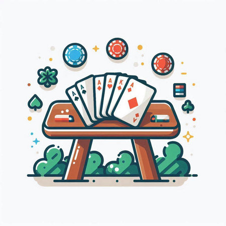 Colorful line art vector illustration of playing cards on wooden table.のイラスト素材