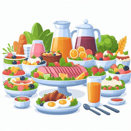 Healthy breakfast with fruits and vegetables. Vector illustration in cartoon style.のイラスト素材