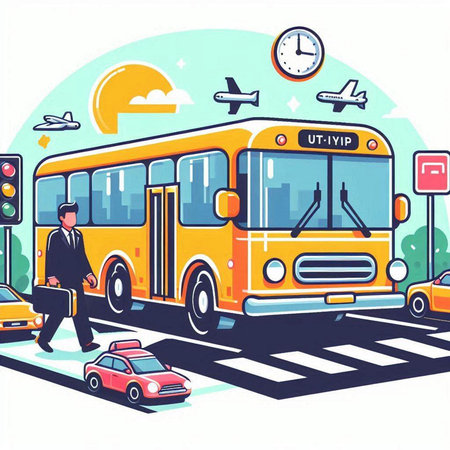 Bus stop. Vector illustration in flat cartoon style. Bus stop, traffic lights, cars on the road.のイラスト素材