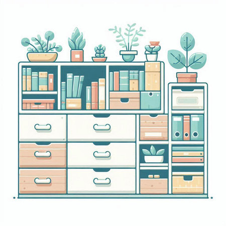 Vector illustration of a cabinet with books, plants and decorations. Flat style.のイラスト素材