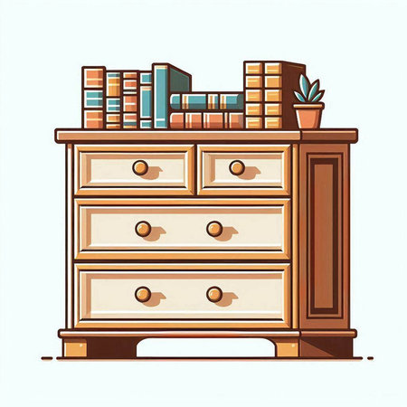 Illustration of a wooden chest of drawers with books and plantsのイラスト素材