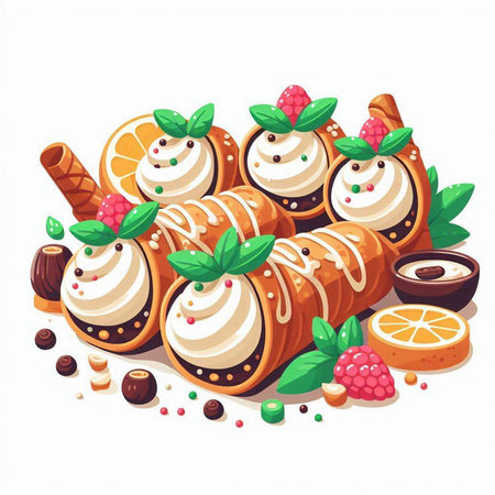 Cinnamon rolls with cream and chocolate on white background. Vector illustration.のイラスト素材