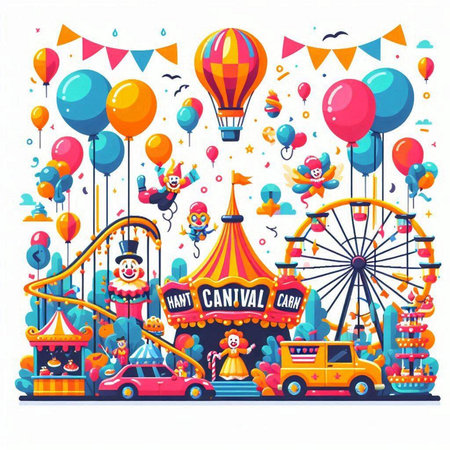 Amusement park with carnival rides, carousels, balloons and clowns. Vector illustrationのイラスト素材