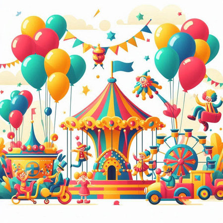 Amusement park with clowns and carousel. Vector illustrationのイラスト素材