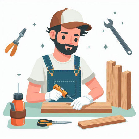 Carpenter working with tools. Isolated vector illustration in cartoon style.のイラスト素材
