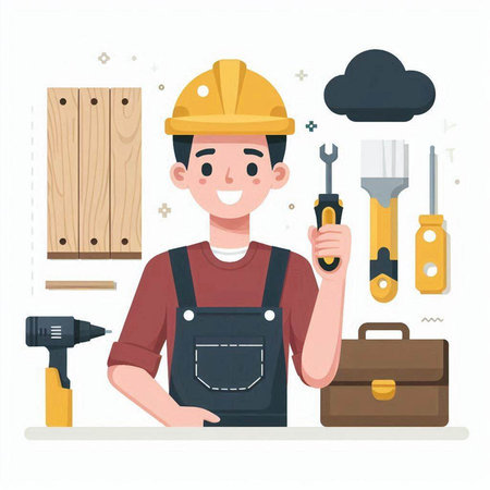 Carpenter with tools. Vector illustration in a flat style.のイラスト素材
