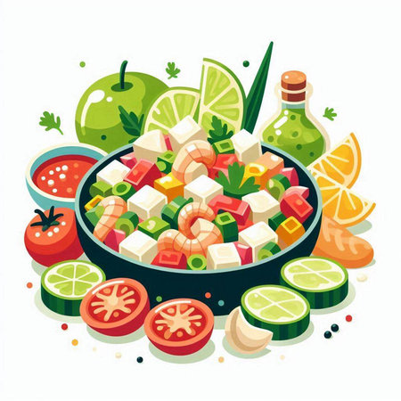 Healthy food. Vegetarian salad with shrimps, tomatoes, cucumbers, olives, avocado, olive oil and herbs. Vector illustrationのイラスト素材