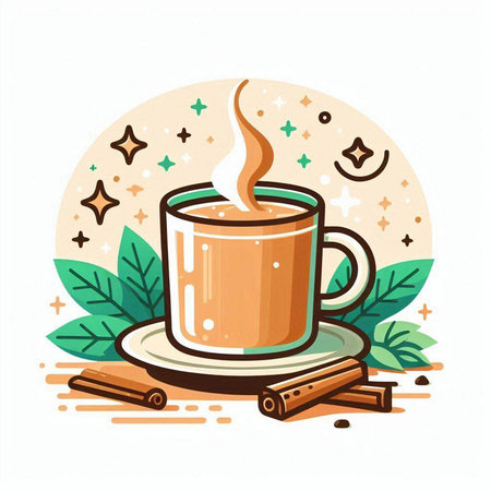 Cup of coffee with cinnamon and stars. Hand drawn vector illustration.のイラスト素材