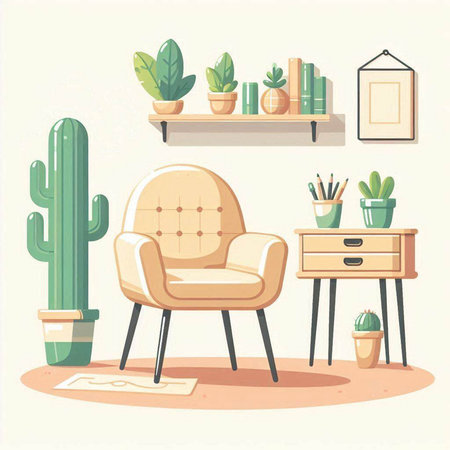 Living room interior with armchair and cacti. Vector illustration.のイラスト素材