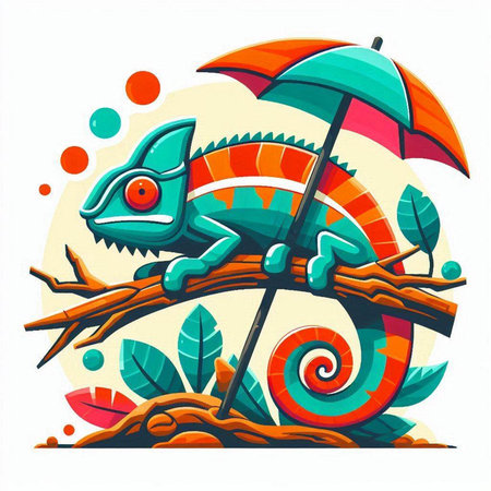Chameleon on a branch with an umbrella. Vector illustration.のイラスト素材