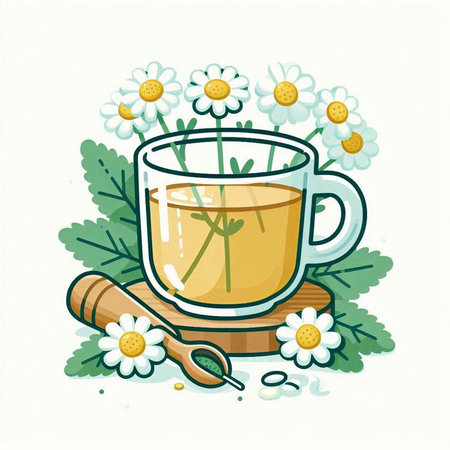 Cup of herbal tea with chamomile flowers. Vector illustration.のイラスト素材