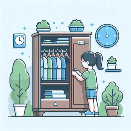 Illustration of a girl standing near the wardrobe and choosing clothes.のイラスト素材