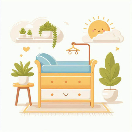 Illustration of a baby room with a crib, sun and plantsのイラスト素材