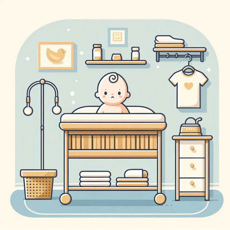 Baby room interior with crib, toys and clothes. Flat vector illustration.のイラスト素材