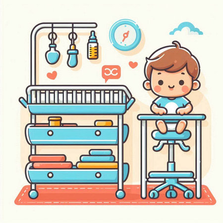 Cute little boy playing with toys in the room. Vector illustrationのイラスト素材