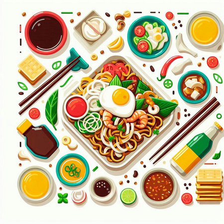 Noodles set. Asian food. Noodles, shrimps, noodles, vegetables, sauce, chopsticks, soy sauce. Vector illustrationのイラスト素材