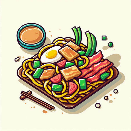 Illustration of asian noodle with pork, egg and vegetablesのイラスト素材