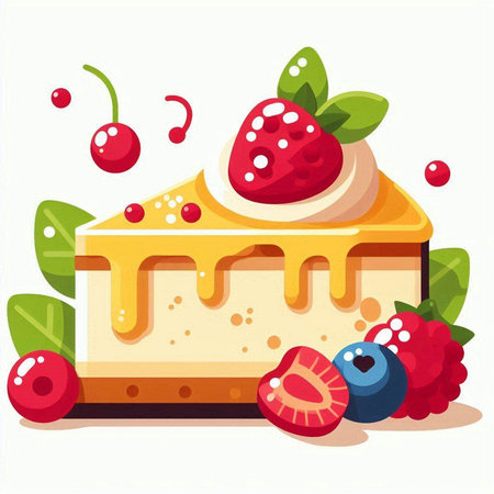 Vector illustration of a piece of cake with strawberries, raspberries and blueberriesのイラスト素材