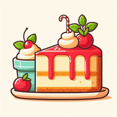 Cake with cherries and whipped cream. Vector illustration in cartoon style.のイラスト素材