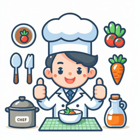 Chef boy with healthy food. Vector illustration in cartoon style.のイラスト素材