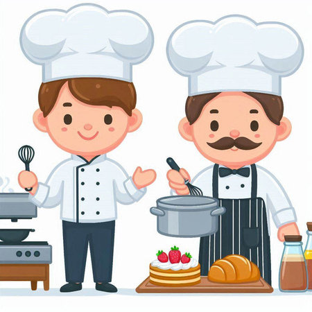 Cartoon chef and cook with food in kitchen. Vector illustration.のイラスト素材