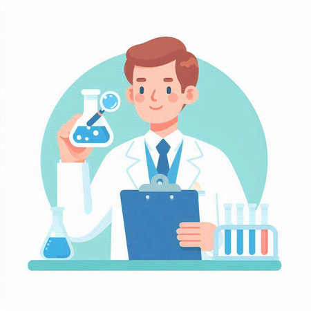 Vector illustration of a male scientist in a lab coat holding a flask and a clipboardのイラスト素材