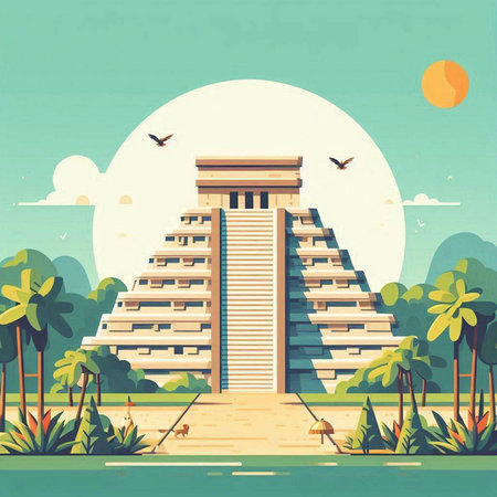Ancient pyramid on the background of the city. Vector illustration in flat styleのイラスト素材