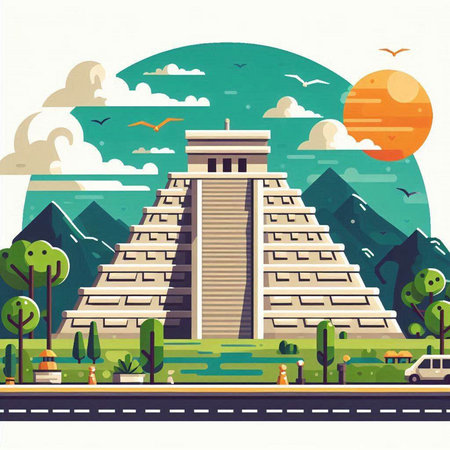 Mayan pyramid on the background of the landscape. Vector illustration.のイラスト素材