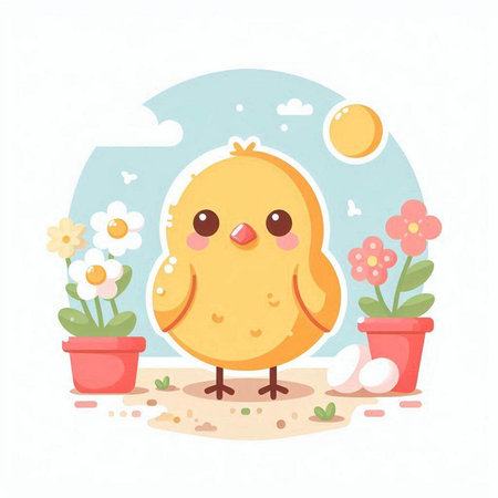 Cute little chicken with flowers. Vector illustration in cartoon style.のイラスト素材