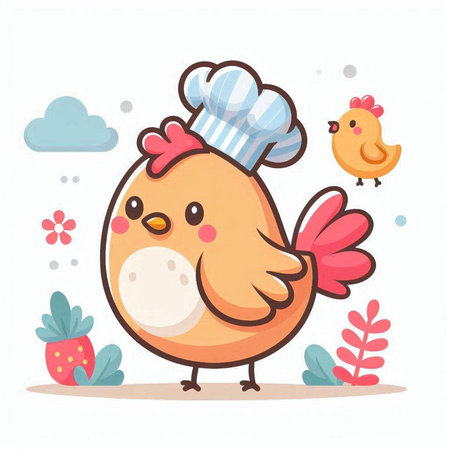 Cute chicken with chef hat and bird on white background. Vector illustration.のイラスト素材