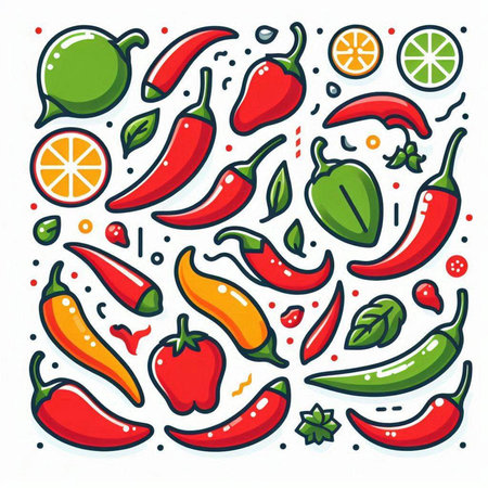 Hot chili peppers and lemons in doodle style. Vector illustrationのイラスト素材