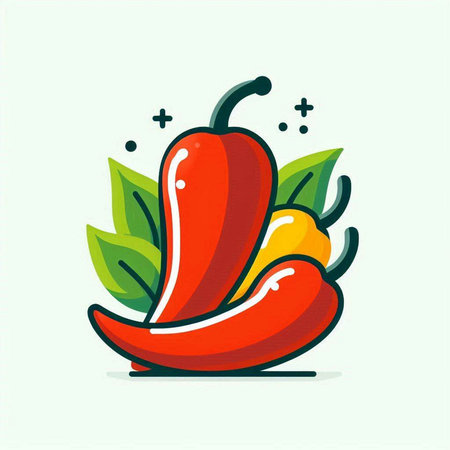 Red hot chili pepper with green leaves. Vector illustration in flat style.のイラスト素材