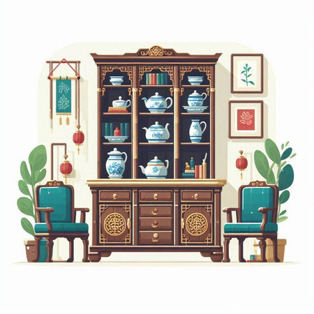 Cupboard with porcelain dishes and books. Vector illustration.のイラスト素材