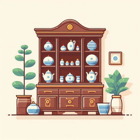 Cupboard with cupcakes and teapots. Vector illustration.のイラスト素材