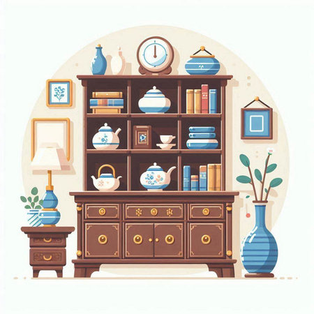 Vintage bookshelf with books and vases. Vector illustration.のイラスト素材