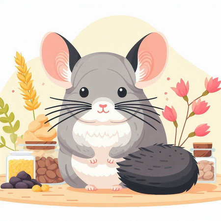 Cute chinchilla with flowers and nuts. Vector illustration.のイラスト素材