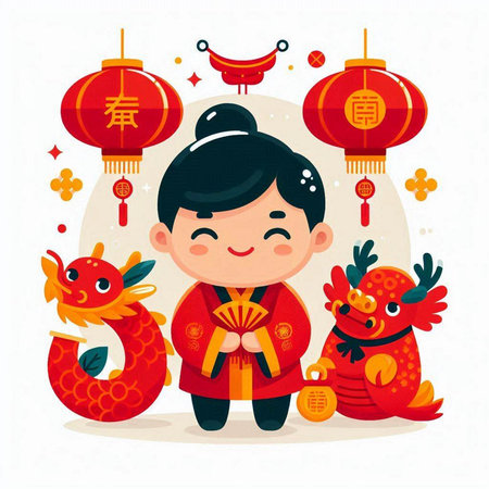 Chinese New Year greeting card. Cute little boy in traditional costume holding red paper lanterns. Vector illustration.のイラスト素材