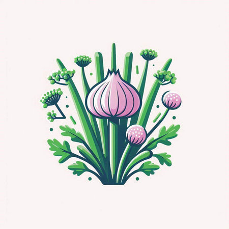 Illustration of onion with parsley and dill, vector illustrationのイラスト素材