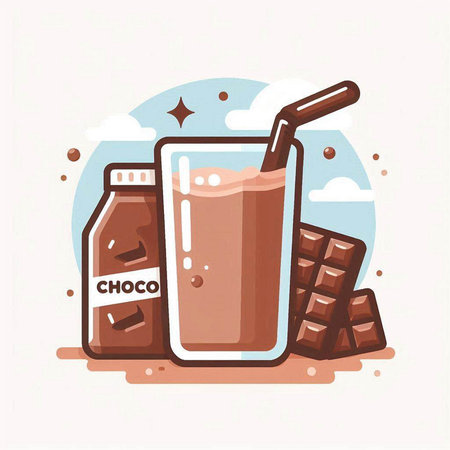 Chocolate milk in a glass with a straw and pieces of chocolate. Vector illustration.のイラスト素材