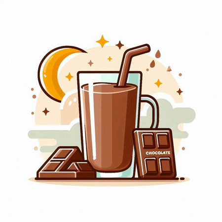 Coffee cup with milk, chocolate bars, moon and stars. Vector illustration.のイラスト素材