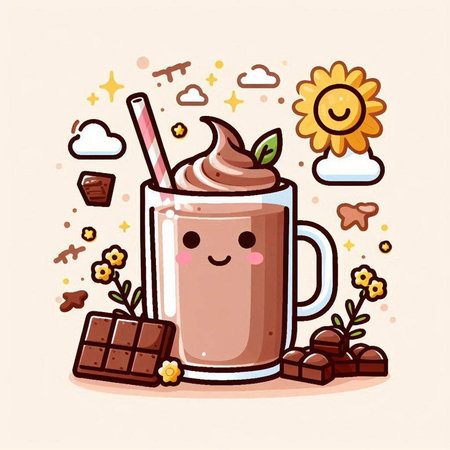 Cute cartoon chocolate milkshake with whipped cream. Vector illustration.のイラスト素材