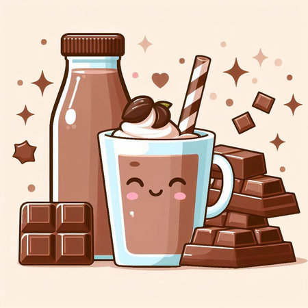 Cute chocolate milkshake with whipped cream and chocolate bars, vector illustrationのイラスト素材
