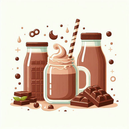 Chocolate milkshakes in glass bottles and chocolate pieces. Vector illustration.のイラスト素材